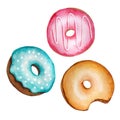 Watercolor set of three round donuts
