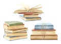 Watercolor vintage retro pile of books in different colors
