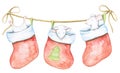 Watercolor set of three white mise in Christmas socks Royalty Free Stock Photo