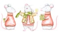 Watercolor set of three white mise in Christmas sweaters