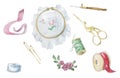 Watercolor set of tools for embroidery with ribbons. Delicate clipart with hobby items, Embroidery, ribbon, scissors