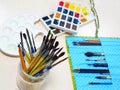 Watercolor set tools with brush, pencil, eraser