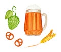 Watercolor set of traditional Oktoberfest beer, spikelet, pretzels and hop