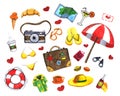 Watercolor set of travel icons Royalty Free Stock Photo