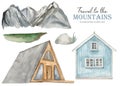 Watercolor set Travel to the mountains with mountains, houses, stone