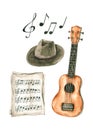 Watercolor set with ukulele, notes, sheet music, hat. Hand drawn illustrations are isolated on white. Music collection Royalty Free Stock Photo