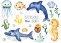 Watercolor set with underwater creatures shark, dolphin, fish ball, jellyfish, seahorse, algae, corals