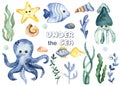 Watercolor set with underwater creatures squid, octopus, starfish, corals, algae, shells