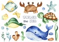 Watercolor set with underwater creatures whale, sea turtle, crab, stingray, starfish, algae, corals