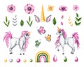 Watercolor set with unicorns, flowers, rainbow, butterflies, horn, wings Royalty Free Stock Photo