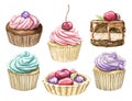 Watercolor set with various multicolor cupcakes and muffins