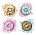 Watercolor set with various multicolor donuts on colorful stains Royalty Free Stock Photo