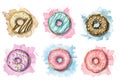 Watercolor set with various multicolor donuts on colorful stains