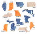 Watercolor set of various USA states in blue, orange and beige colour