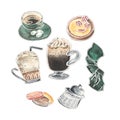 Watercolor set of Viennese coffee glasses, desserts, sugar bowl and cute cup of coffee. Royalty Free Stock Photo