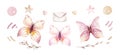 Watercolor Set Of Vintage Elements: Butterfly, Rose Flower, Bird, Keys, Dragonfly. Retro Romantic Collection Of Hand