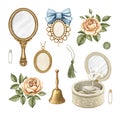 Watercolor set with vintage female accessories, flowers and beauty objects collection Royalty Free Stock Photo