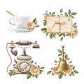 Watercolor set with vintage old-fashioned accessories, objects collection and flowers Royalty Free Stock Photo