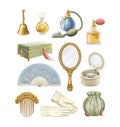 Watercolor set with vintage old-fashioned accessories and objects collection Royalty Free Stock Photo