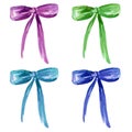 Watercolor set with violet, green, light blue, deep blue bows. Royalty Free Stock Photo