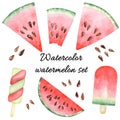 Watercolor set with watermelon slices, popsicles. Raster hand drawn elements