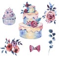 Watercolor Set of Wedding Cake with Red Roses. Hand Drawn Bakery Royalty Free Stock Photo