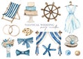 Watercolor set with wedding dress, arch, bow-tie with butterfly, rings, bouquet, anchor, helm Royalty Free Stock Photo