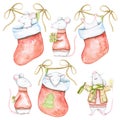 Watercolor set of white mise in red Christmas sweaters and socks