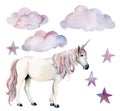 Watercolor set with white unicorn and decor. Hand painted magic horse, clouds and stars isolated on white background
