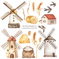 Watercolor set with windmills, house, haystack, swallows, wheat spikelets, bag of flour