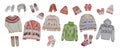 Watercolor set winter knitted Christmas clothes, sweaters, socks, mittens, hats, different colors, white background