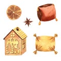 Watercolor home set with wooden lamp, pillows, dried orange and cinnamon. The set isolated on a white background