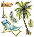 Watercolor set with wooden pointer, branches, palm tree and beach lounger Royalty Free Stock Photo