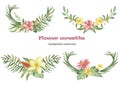 Watercolor set of wreaths and compositions with tropical flowers and plants. Royalty Free Stock Photo