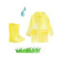 Watercolor set with yellow rain, umbrella, rainbow, raindrops . Royalty Free Stock Photo