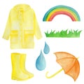 Watercolor set with yellow rain, umbrella, rainbow, raindrops . Royalty Free Stock Photo