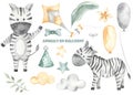 Watercolor set with zebra, balloons, clouds, stars, cap, rope, bow tie Royalty Free Stock Photo