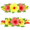 Watercolor setbwith red and yellow hibiscus flowers bouquets. Hand drawn floral border with tropical flowers and leaves. Wedding Royalty Free Stock Photo