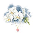 Watercolor several heads flowers of white orchid heart shaped pendant Royalty Free Stock Photo