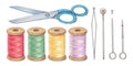 Watercolor Sewing Kit Scissors, Spools of Thread, Needles, isolated on white Background, Craft, Sewing Royalty Free Stock Photo