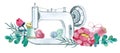 Watercolor sewing machine, needle, buttons, peonies. Royalty Free Stock Photo