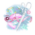 Watercolor sewing set.Hangers, buttons,threads,ribbon,sewing machine,needlework,embroidery,scissors