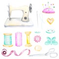 Watercolor sewing set.Hangers, buttons,threads,ribbon,sewing machine,needlework,embroidery,scissors