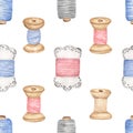 Watercolor Sewing Thread Seamless Pattern, craft repeat paper, spools print Royalty Free Stock Photo