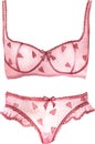 Watercolor sexy pink lingerie with hearts. Erotic underwear illustration. Valentine`s day women clothes.