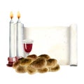 Watercolor Shabbat challah, two burning candles, red wine glass, blank Torah scroll illustration for Saturday ceremony