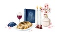 Watercolor Shabbat Shalom illustration for Saturday greetings with challah, candles, Torah book, kipah, glass of wine Royalty Free Stock Photo