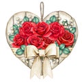 Watercolor shabby chic rustic white wooden heart tag with red roses