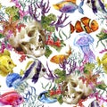 Watercolor shabby sea life seamless background
