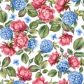 Watercolor shabby seamless pattern. Pink rose and blue hydrangea with leaves on white background Royalty Free Stock Photo